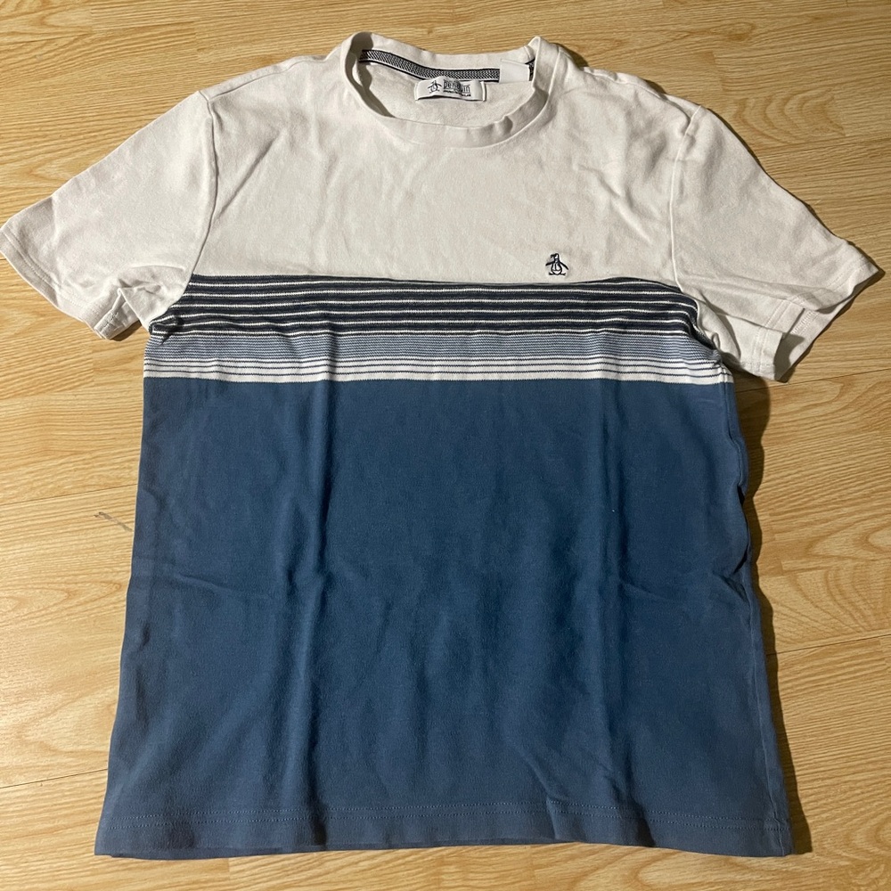 Used Original Penguin Men's White and Blue Colorblock Tee
